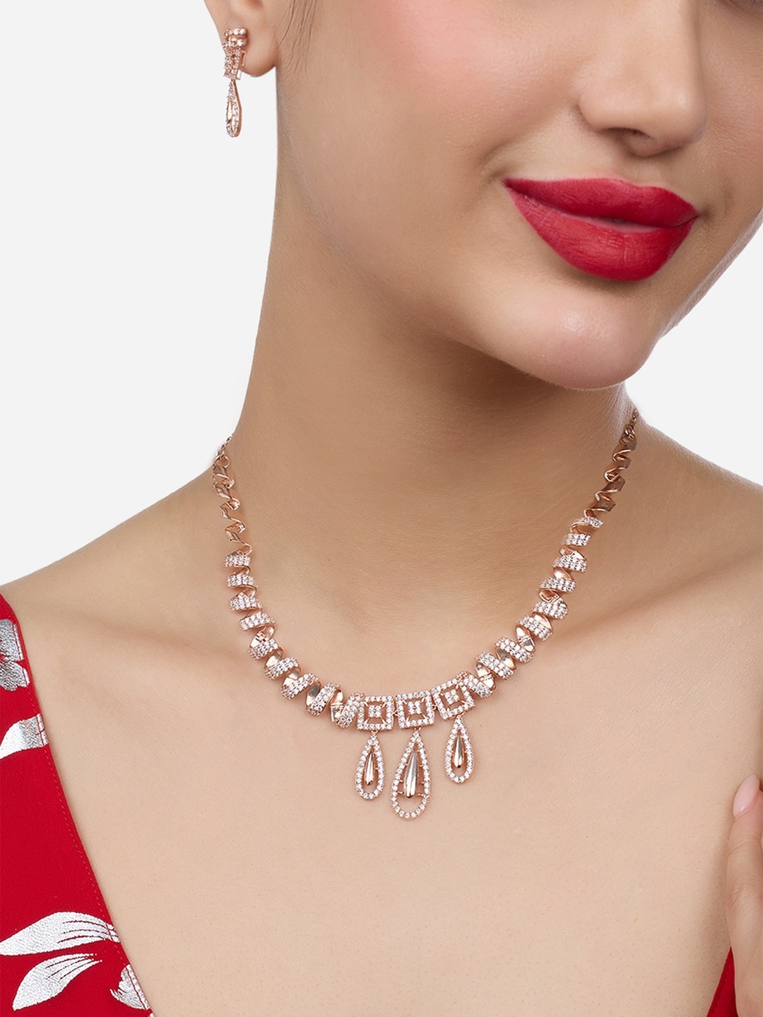 

Zaveri Pearls Rose Gold-Plated Cubic Zirconia-Studded Jewellery Set