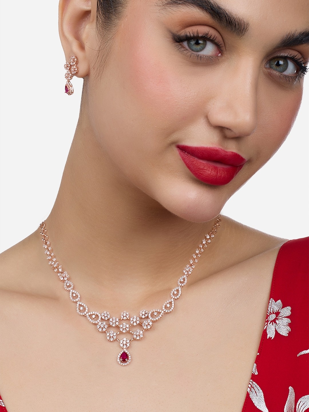 

Zaveri Pearls Rose Gold-Plated Cubic Zirconia-Studded Jewellery Set