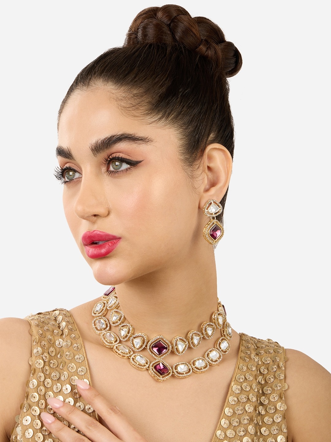 

Zaveri Pearls Gold-Plated Stones & Austrian Diamonds-Studded Layered Jewellery Set