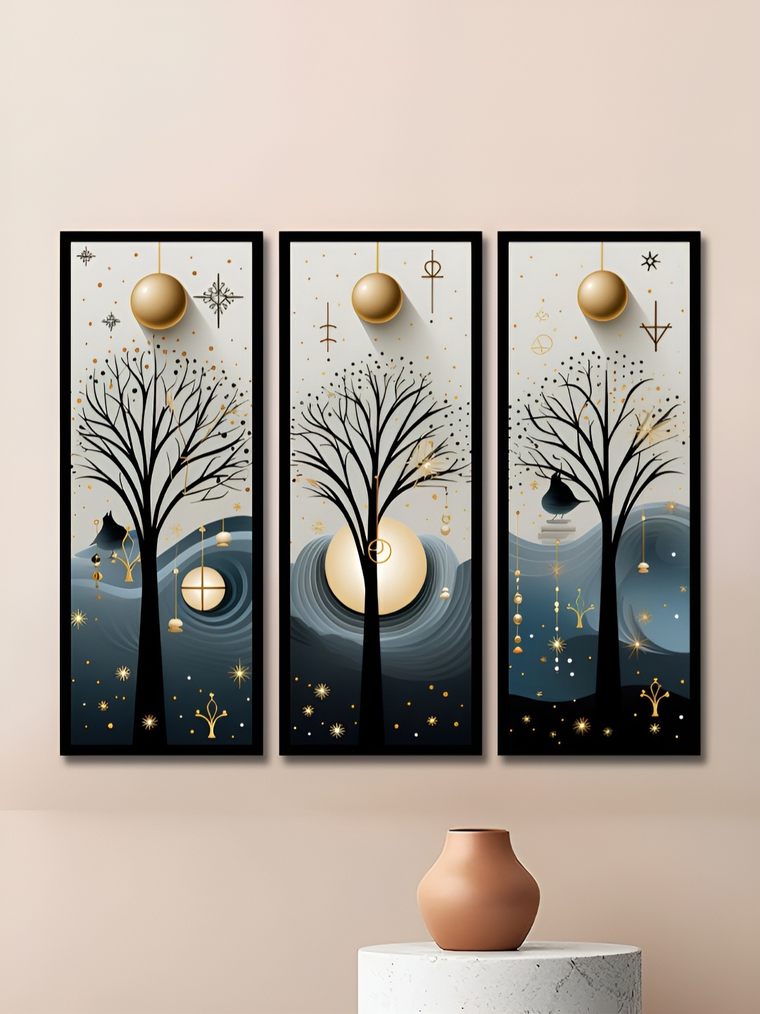 

WENS Black & Navy Blue 3 Pieces Synthetic Wood Abstract Paintings Wall Art