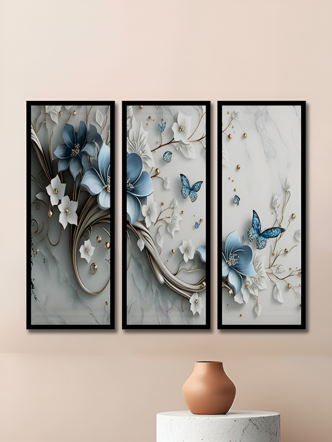 

WENS Black & White 3 Pieces Synthetic Wooden Floral and Botanical Paintings Wall Art