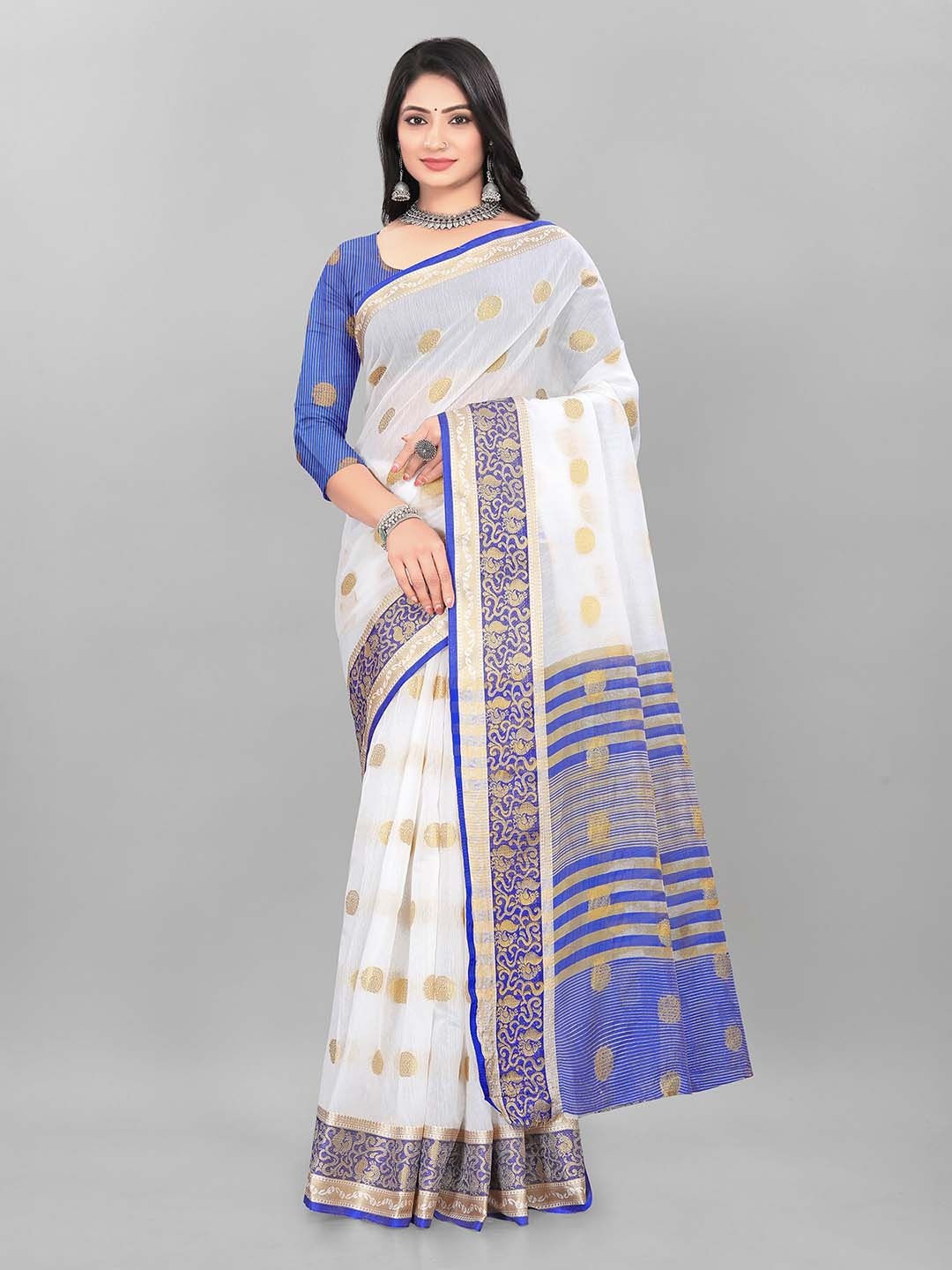 

MAGNEITTA Ethnic Motifs Woven Design Zari Saree, Blue