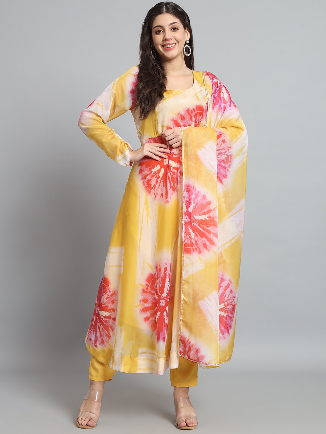 

THE52 Floral Printed Layered Kurta with Trousers & With Dupatta, Yellow