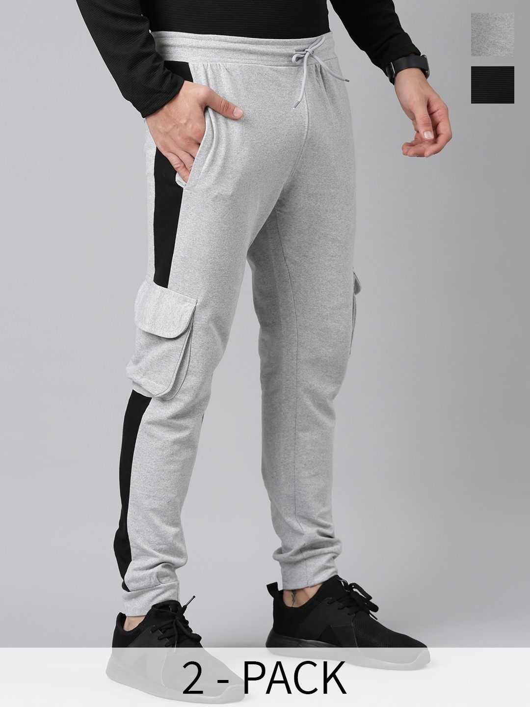 

MADSTO Men Pack Of 2 Cotton Mid-Rise Joggers, Black