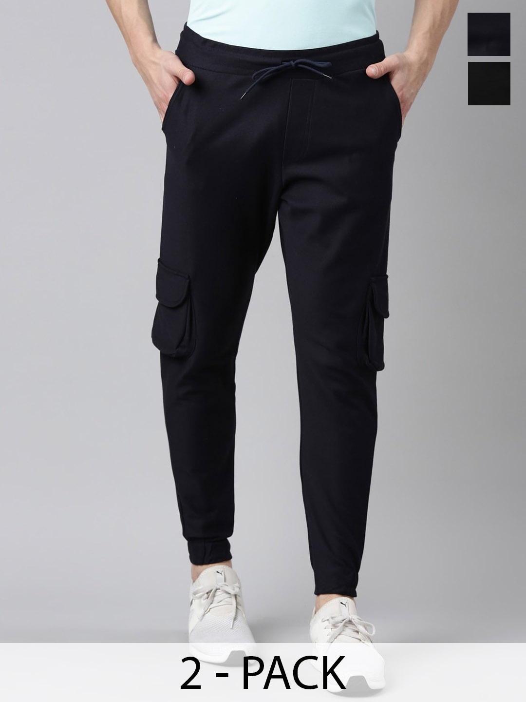 

MADSTO Men Pack Of 2 Cotton Cargo Joggers, Black