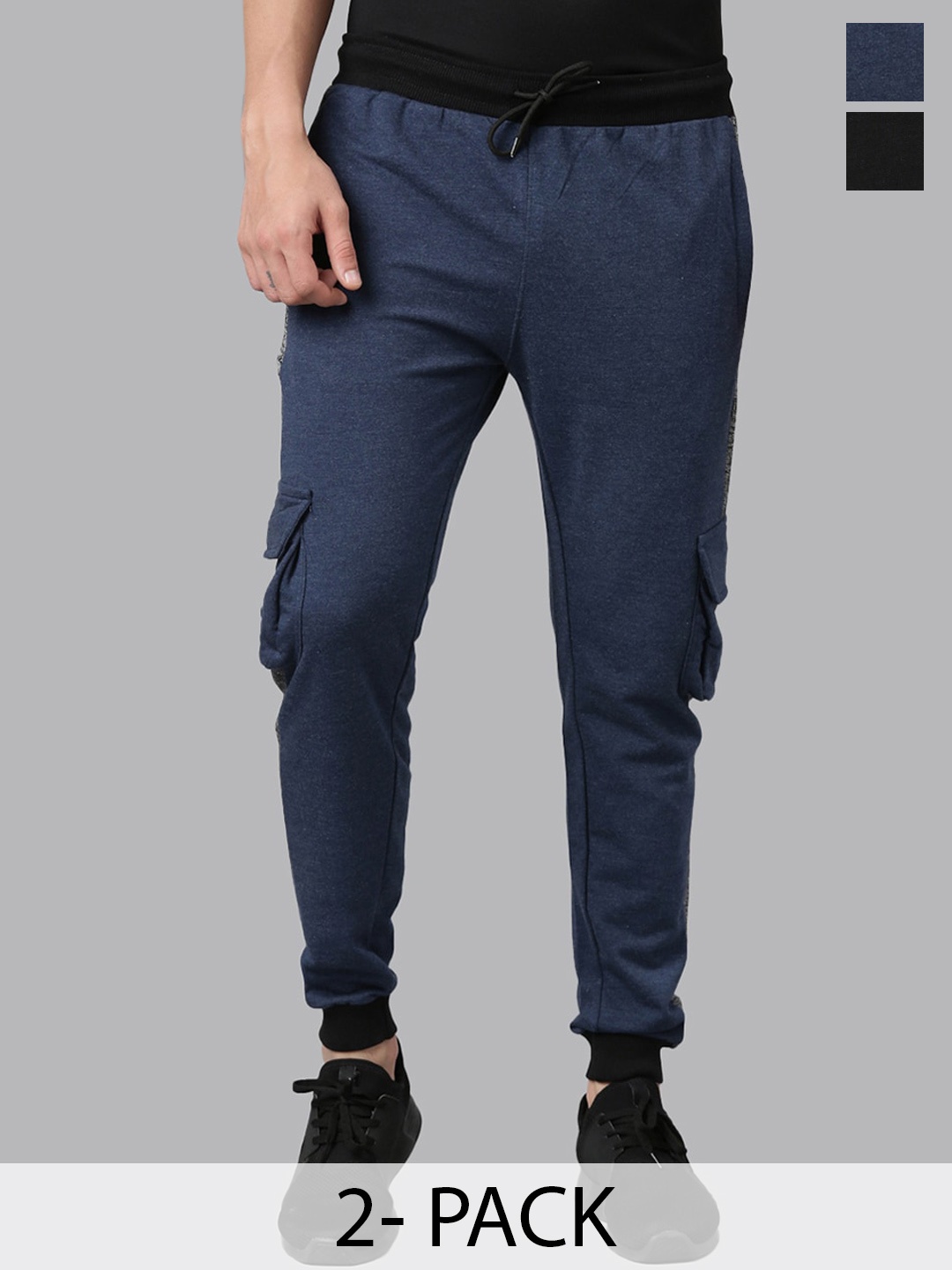

MADSTO Men Pack Of 2 Cotton Mid-Rise Joggers, Black