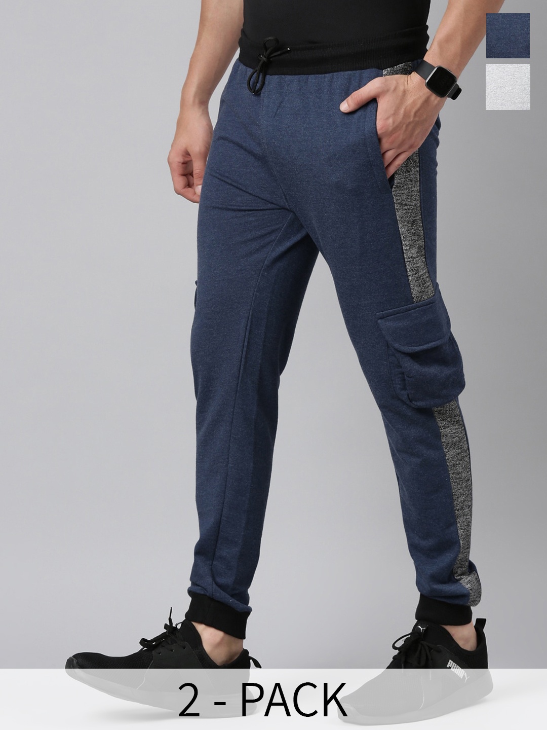 

MADSTO Men Pack Of 2 Cotton Mid-Rise Joggers, Blue