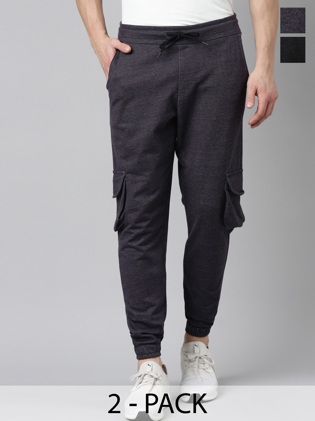 

MADSTO Men Pack Of 2 Regular Fit Cotton Joggers, Charcoal