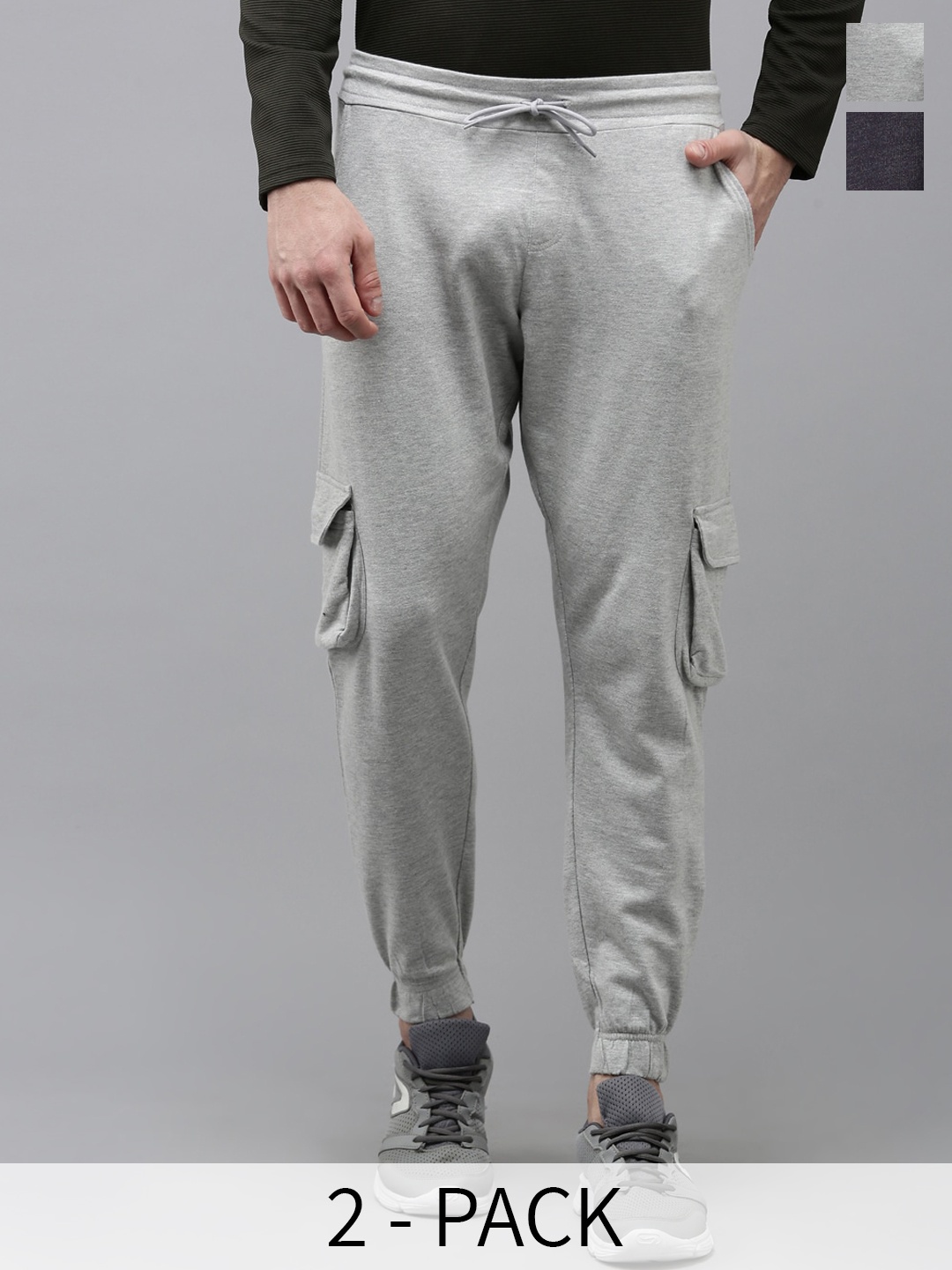 

MADSTO Men Pack Of 2 Cotton Mid-Rise Joggers, Grey melange