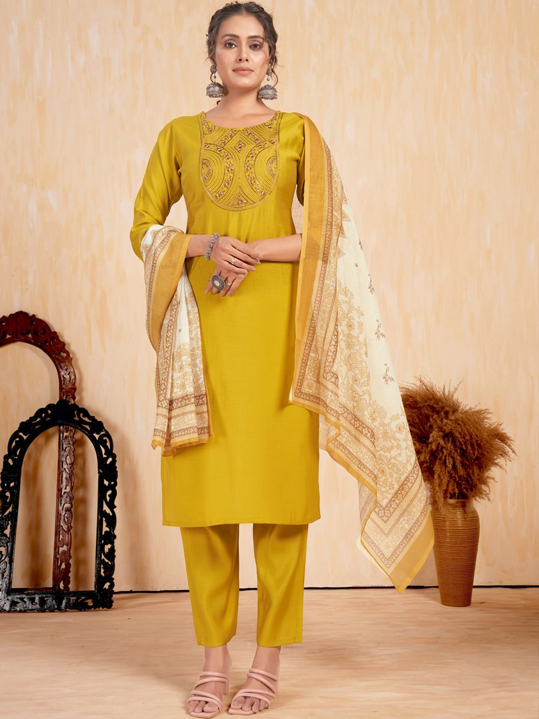 

STYLE SAMSARA Ethnic Motifs Yoke Design Thread Work Straight Kurta With Trousers & Dupatta, Mustard