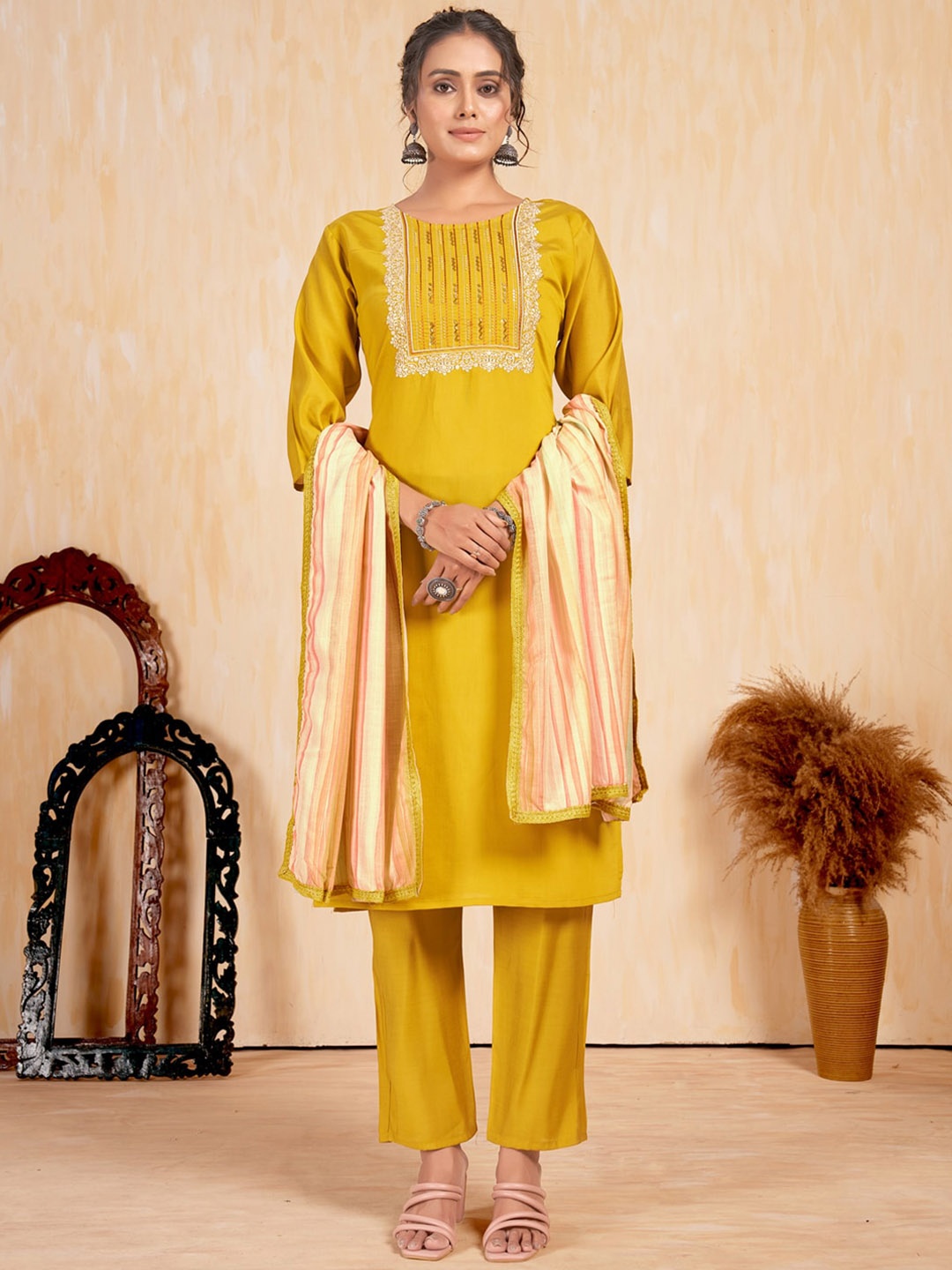 

STYLE SAMSARA Floral Yoke Design Straight Kurta With Trousers & Dupatta, Mustard