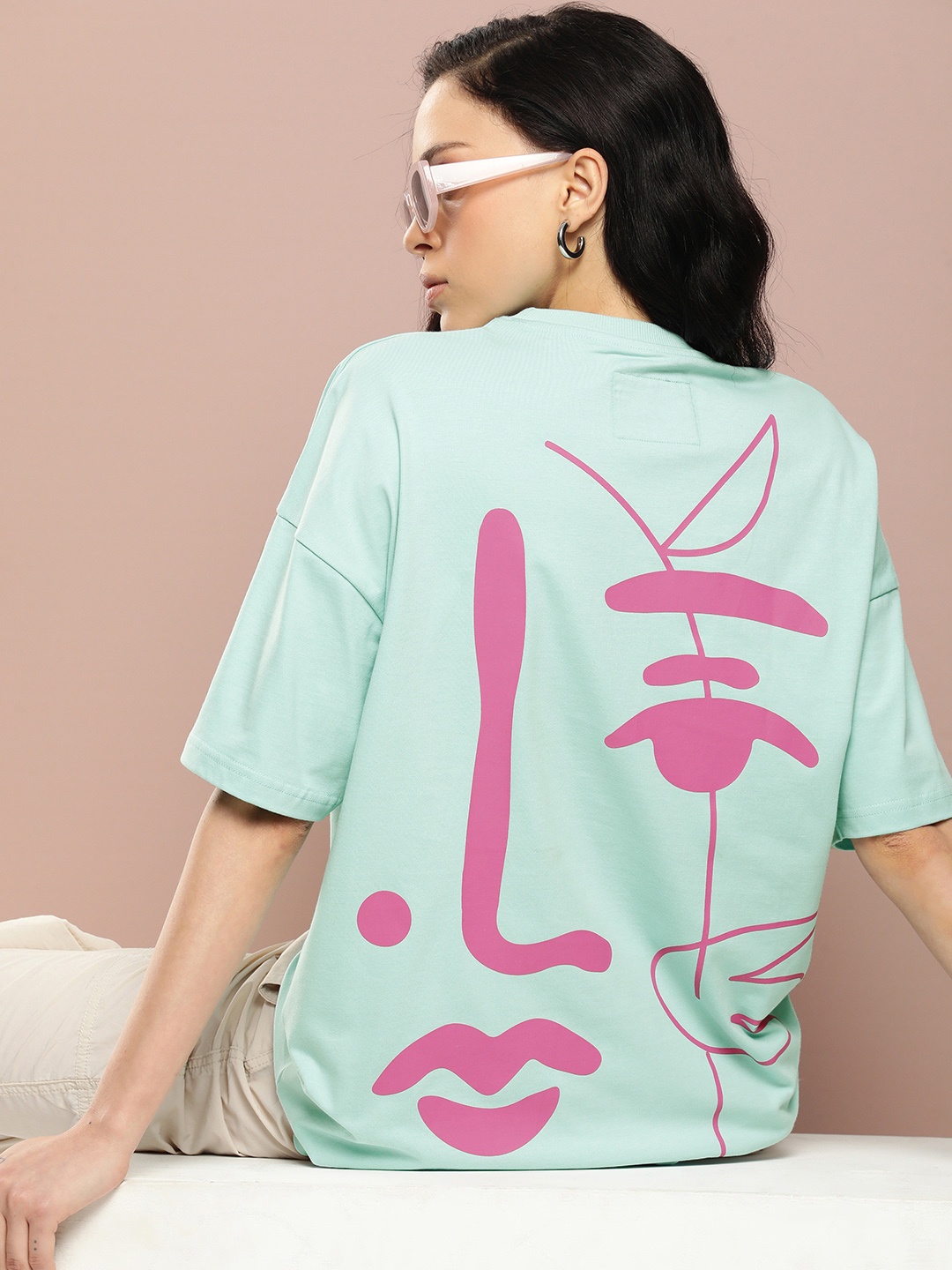 

Stormborn Women Printed Drop-Shoulder Sleeves Pure Cotton T-shirt, Turquoise blue