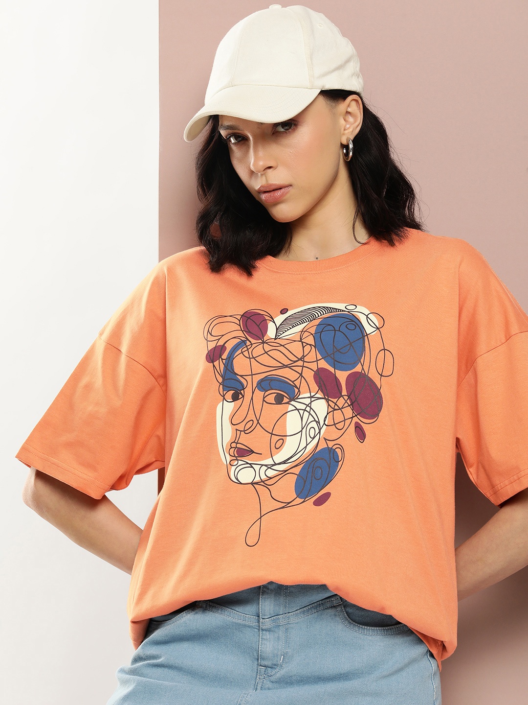 

Stormborn Women Printed Drop-Shoulder Sleeves Pure Cotton T-shirt, Orange
