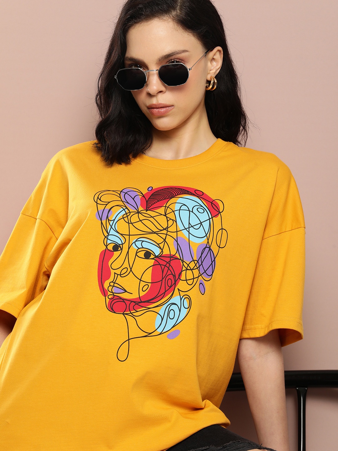 

Stormborn Women Printed Drop-Shoulder Sleeves Pure Cotton T-shirt, Mustard