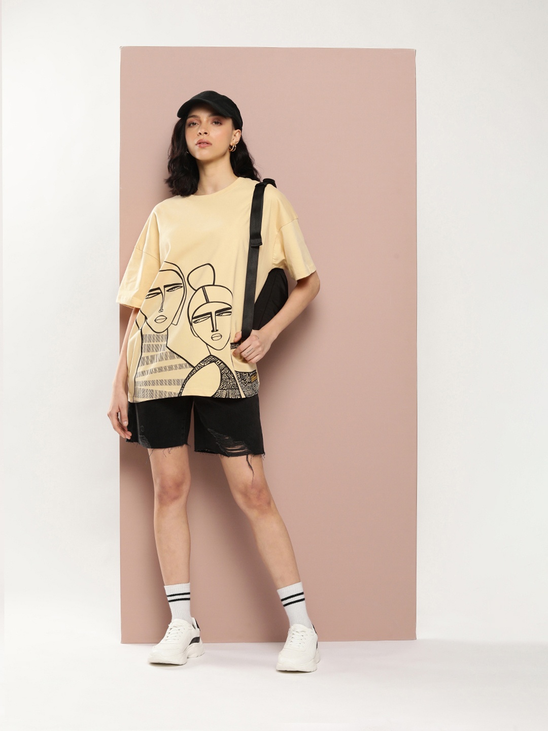 

Stormborn Women Printed Drop-Shoulder Sleeves Pure Cotton T-shirt, Beige