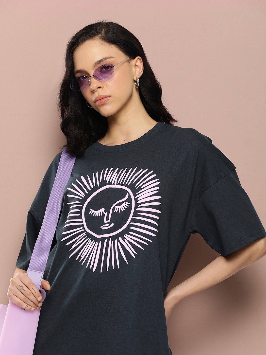 Stormborn Women Printed Drop-Shoulder Sleeves Pure Cotton T-shirt, Navy blue