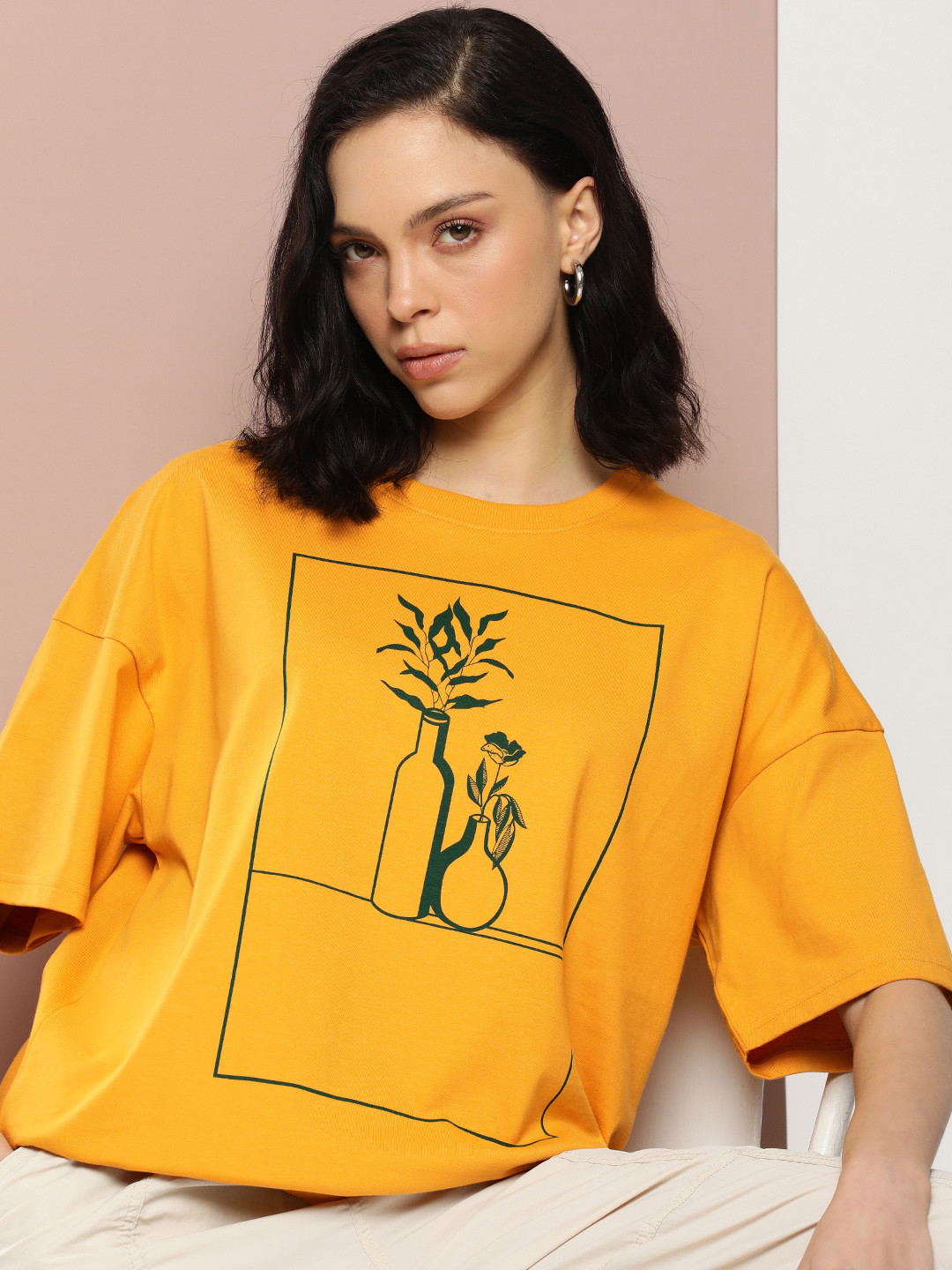 

Stormborn Women Printed Drop-Shoulder Sleeves Pure Cotton T-shirt, Mustard