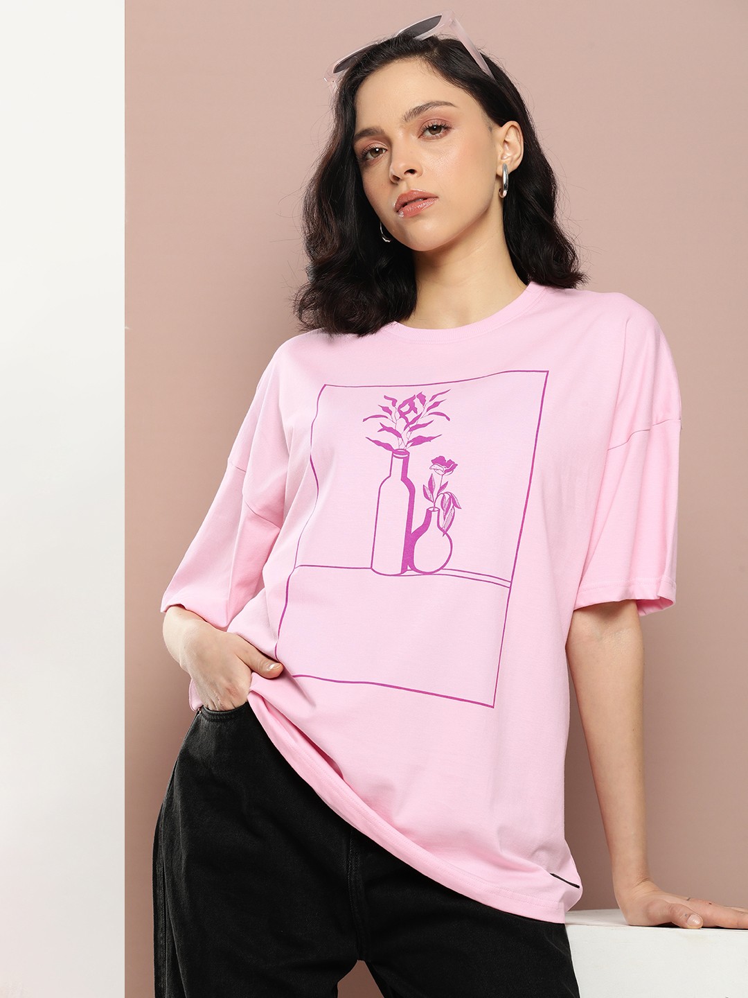 

Stormborn Women Printed Drop-Shoulder Sleeves Pure Cotton T-shirt, Pink