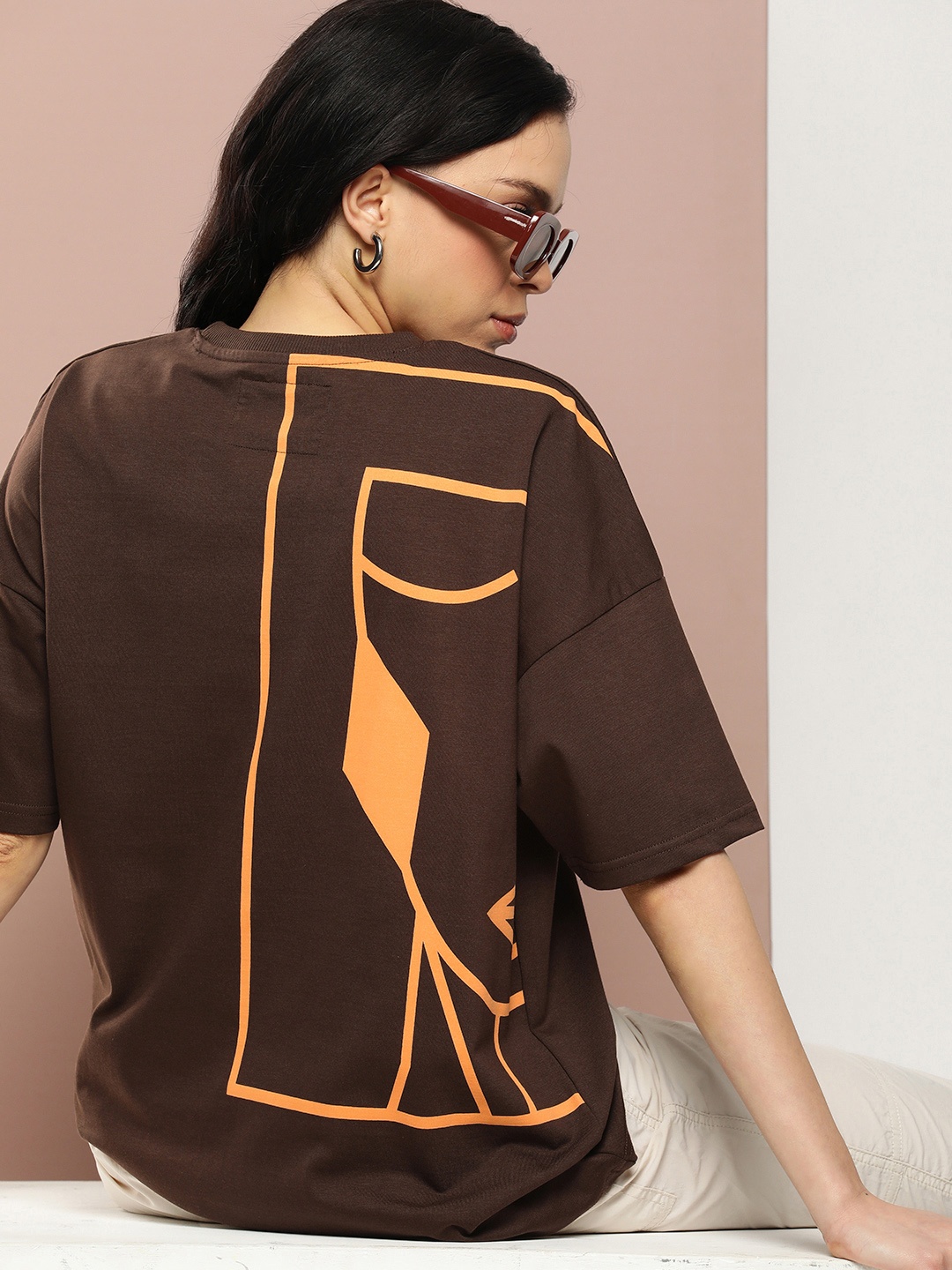 Stormborn Women Printed Drop-Shoulder Sleeves Pure Cotton T-shirt, Brown