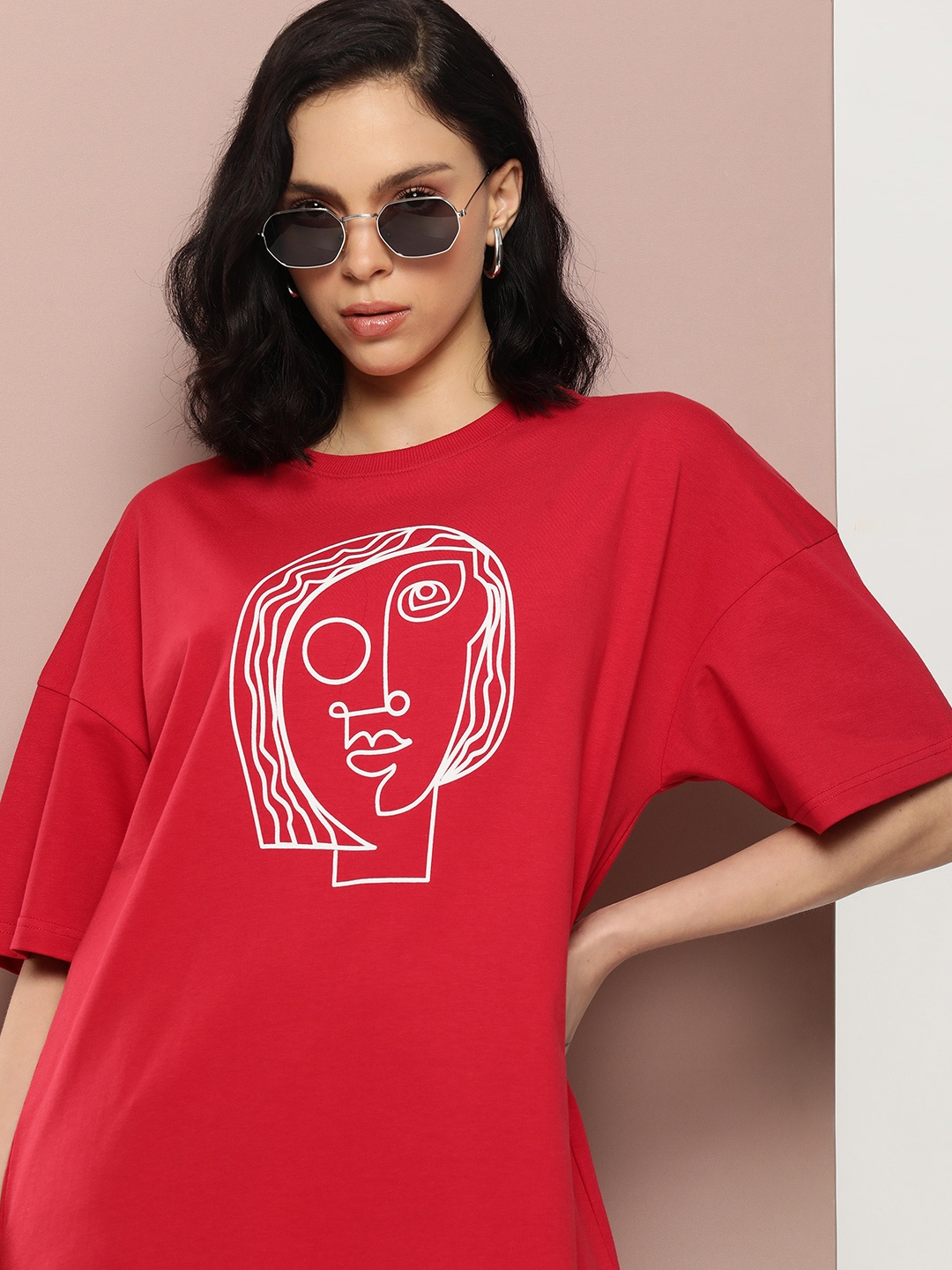 

Stormborn Women Printed Drop-Shoulder Sleeves Pure Cotton T-shirt, Red