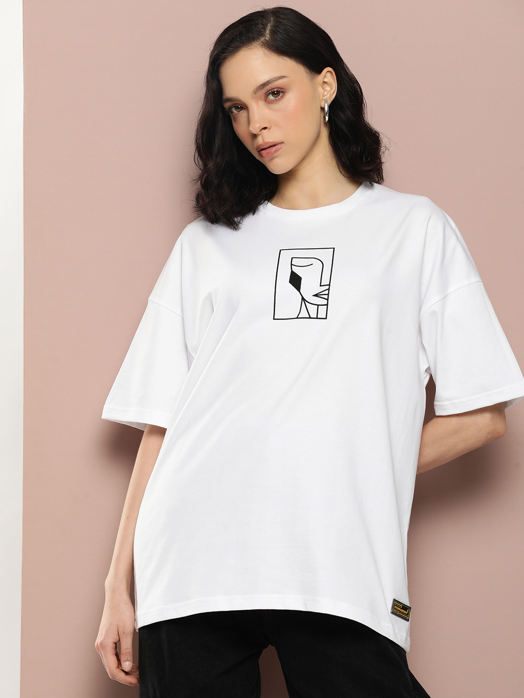 

Stormborn Women Printed Drop-Shoulder Sleeves Pure Cotton T-shirt, White