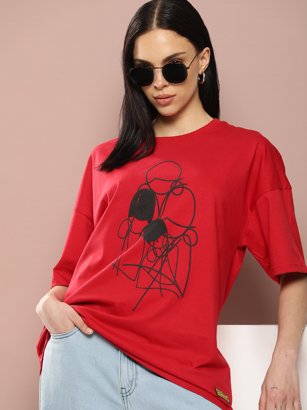 

Stormborn Women Graphic Printed Drop-Shoulder Sleeves T-shirt, Red