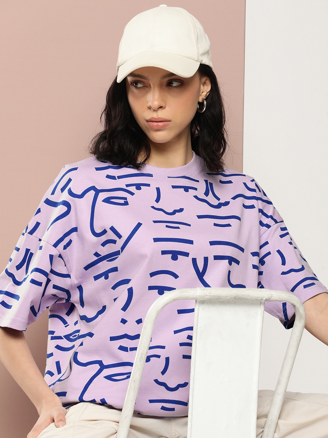 

Stormborn Women Printed Drop-Shoulder Sleeves Pure Cotton T-shirt, Lavender