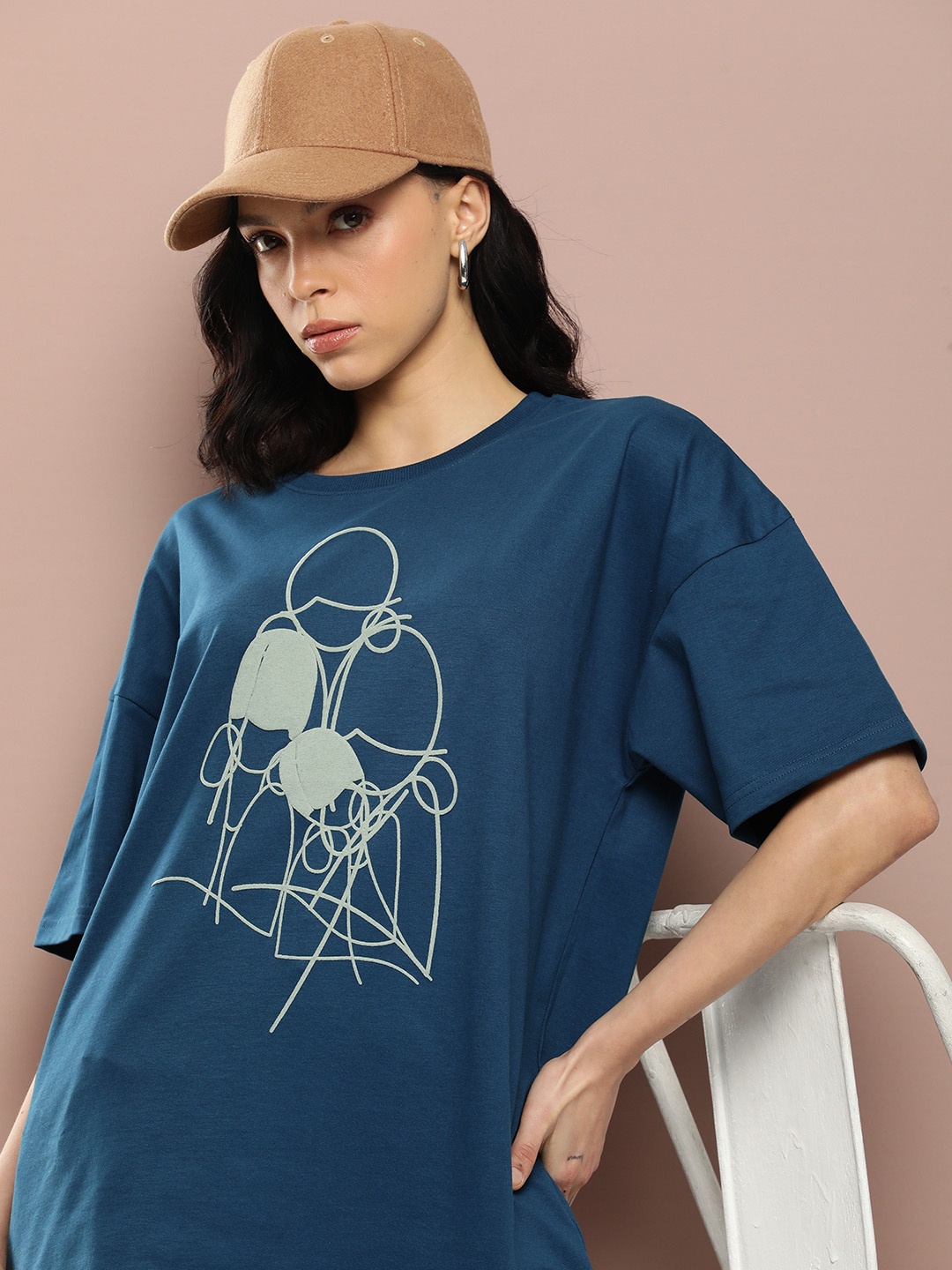 

Stormborn Women Printed Drop-Shoulder Sleeves Pure Cotton T-shirt, Blue