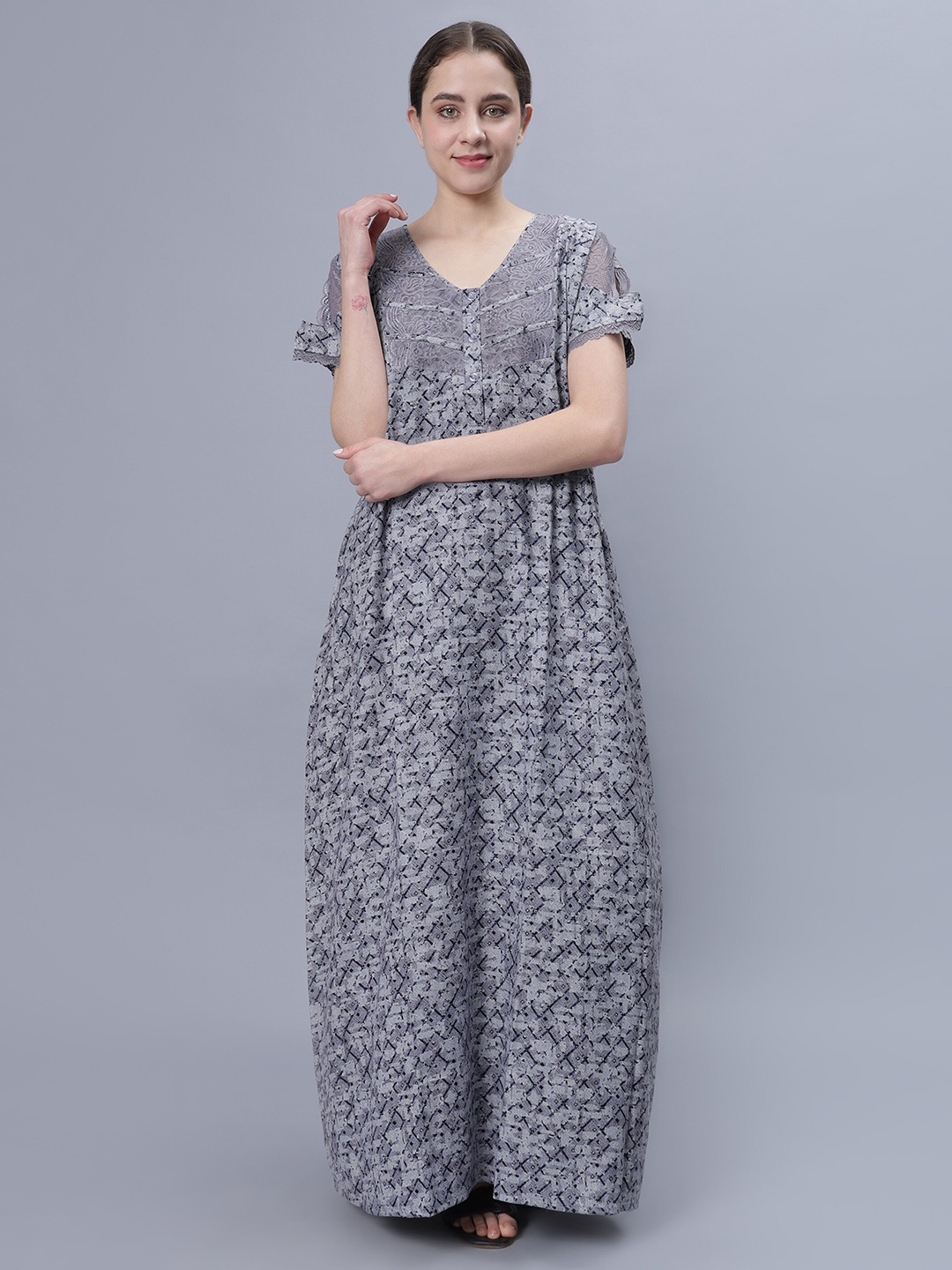 

NIGHTSPREE Geometric Printed Pure Cotton Maxi Nightdress, Blue