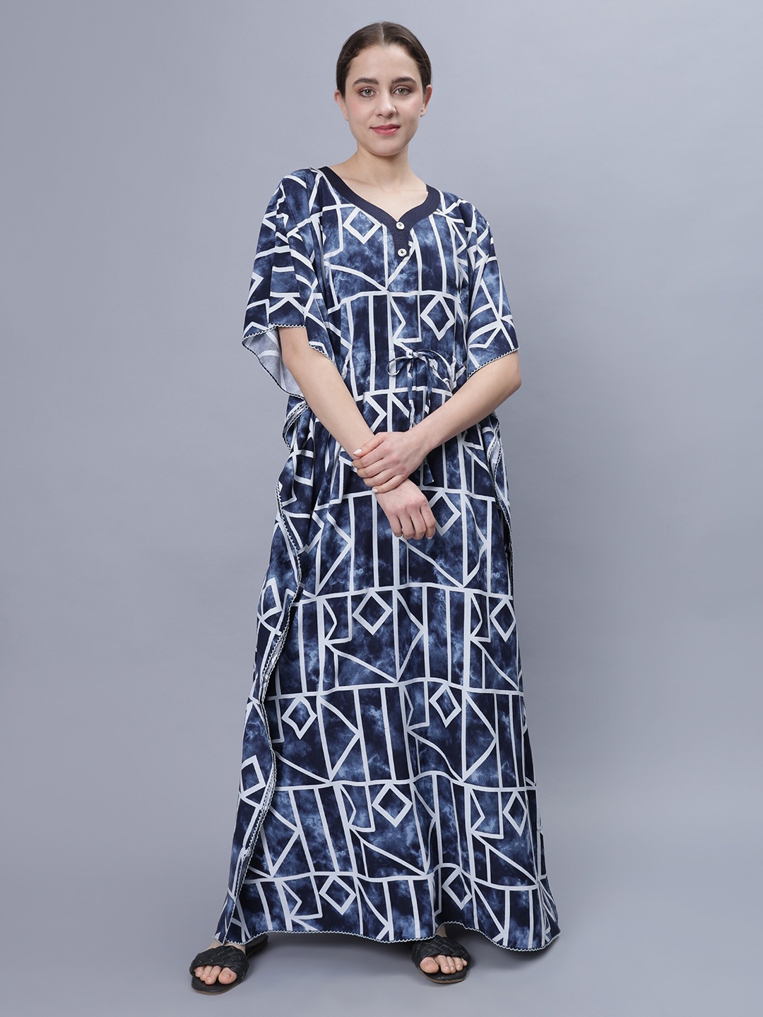 

NIGHTSPREE Abstract Printed Maxi Kaftan Nightdress, Blue