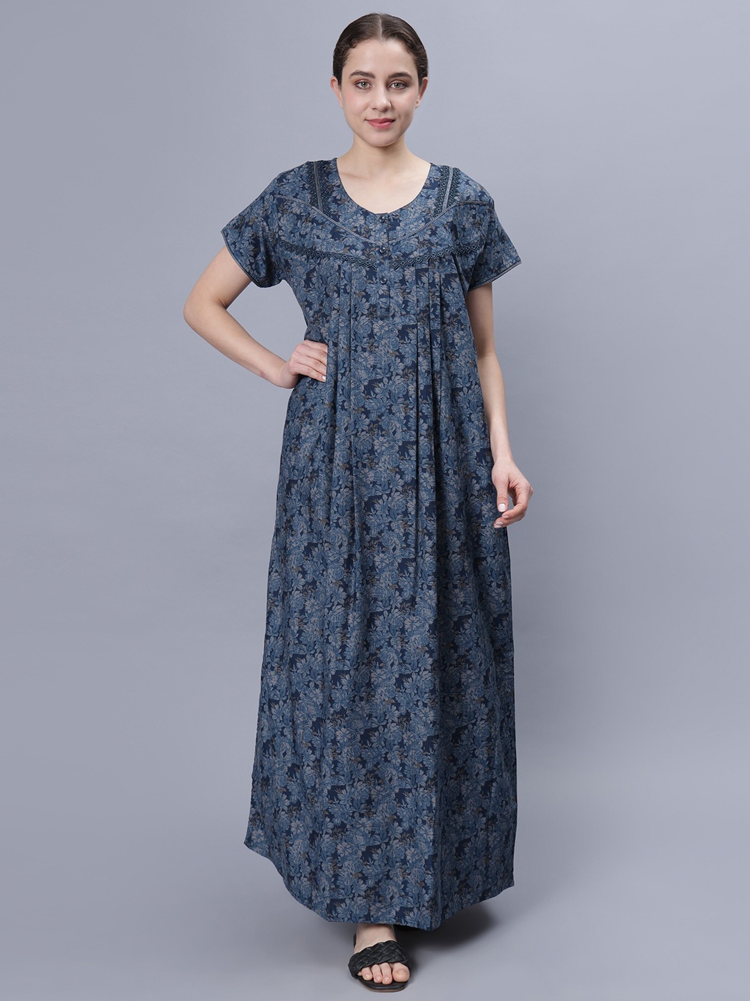 

NIGHTSPREE Abstract Printed Pure Cotton Maxi Nightdress, Blue