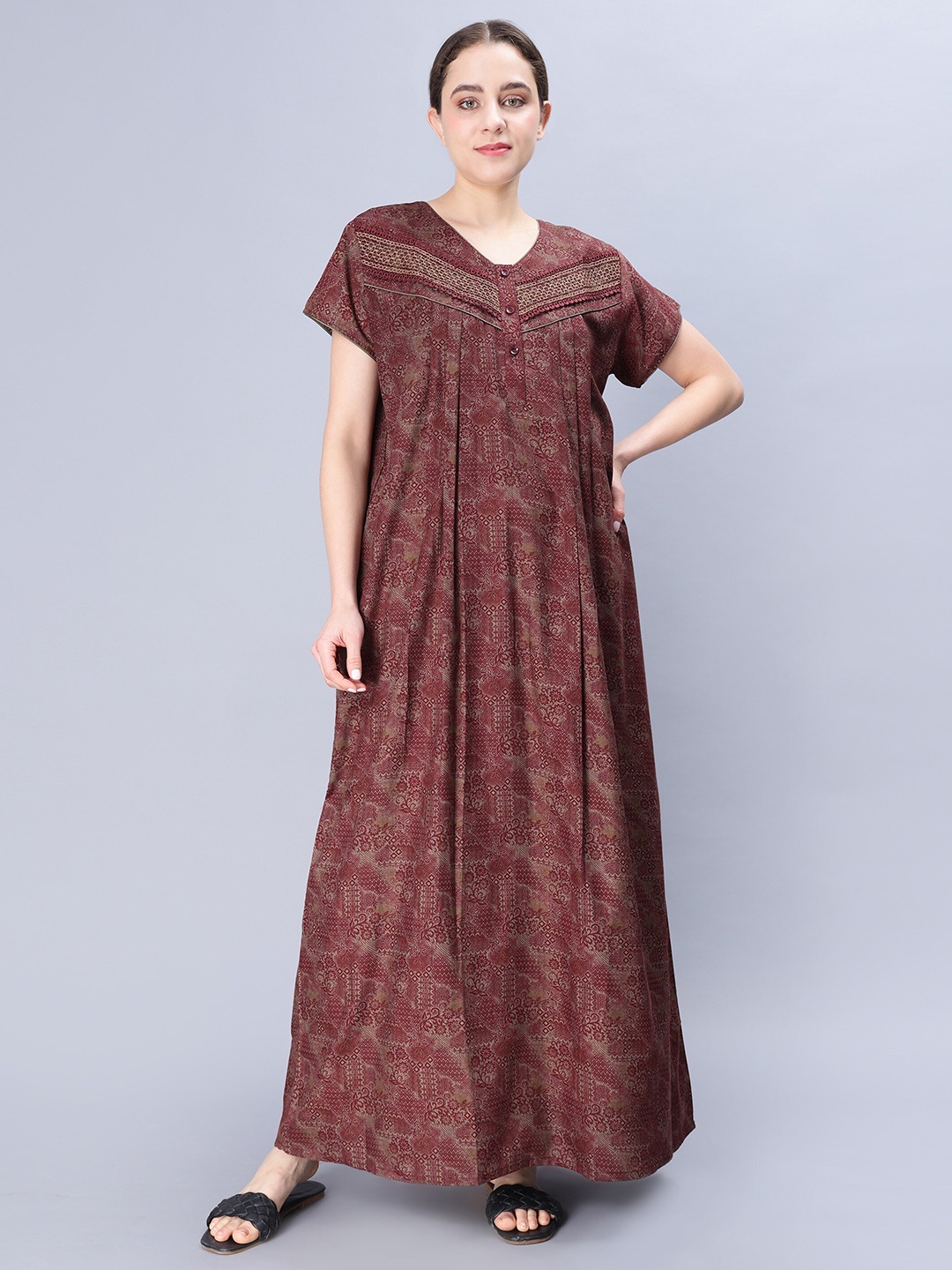 

NIGHTSPREE Floral Printed V-Neck Pure Cotton Maxi Nightdress, Maroon
