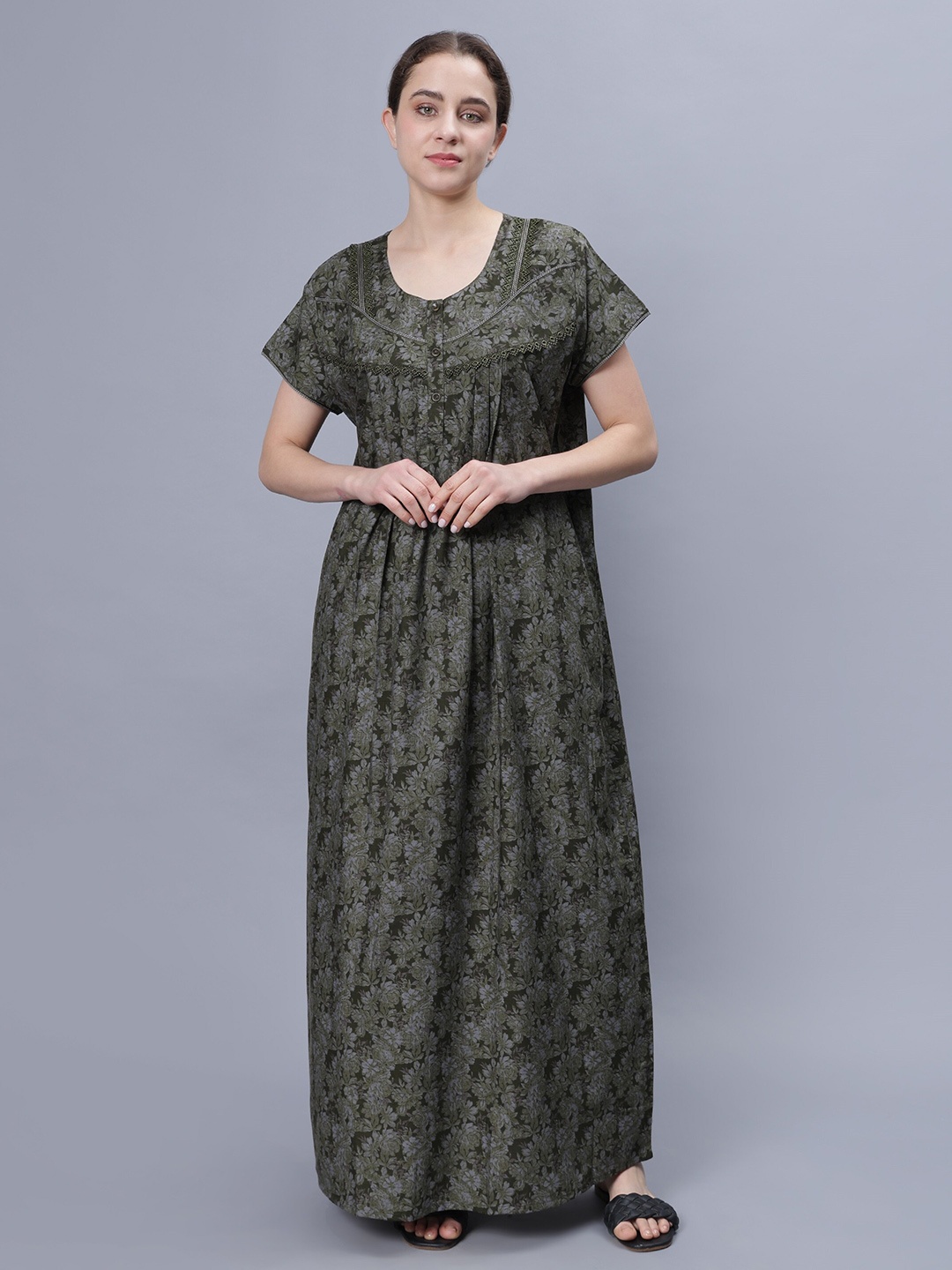

NIGHTSPREE Floral Printed Pure Cotton Maxi Nightdress, Green
