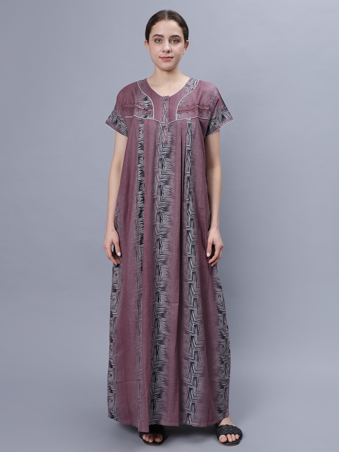 

NIGHTSPREE Printed V-Neck Cotton Nightdress, Maroon