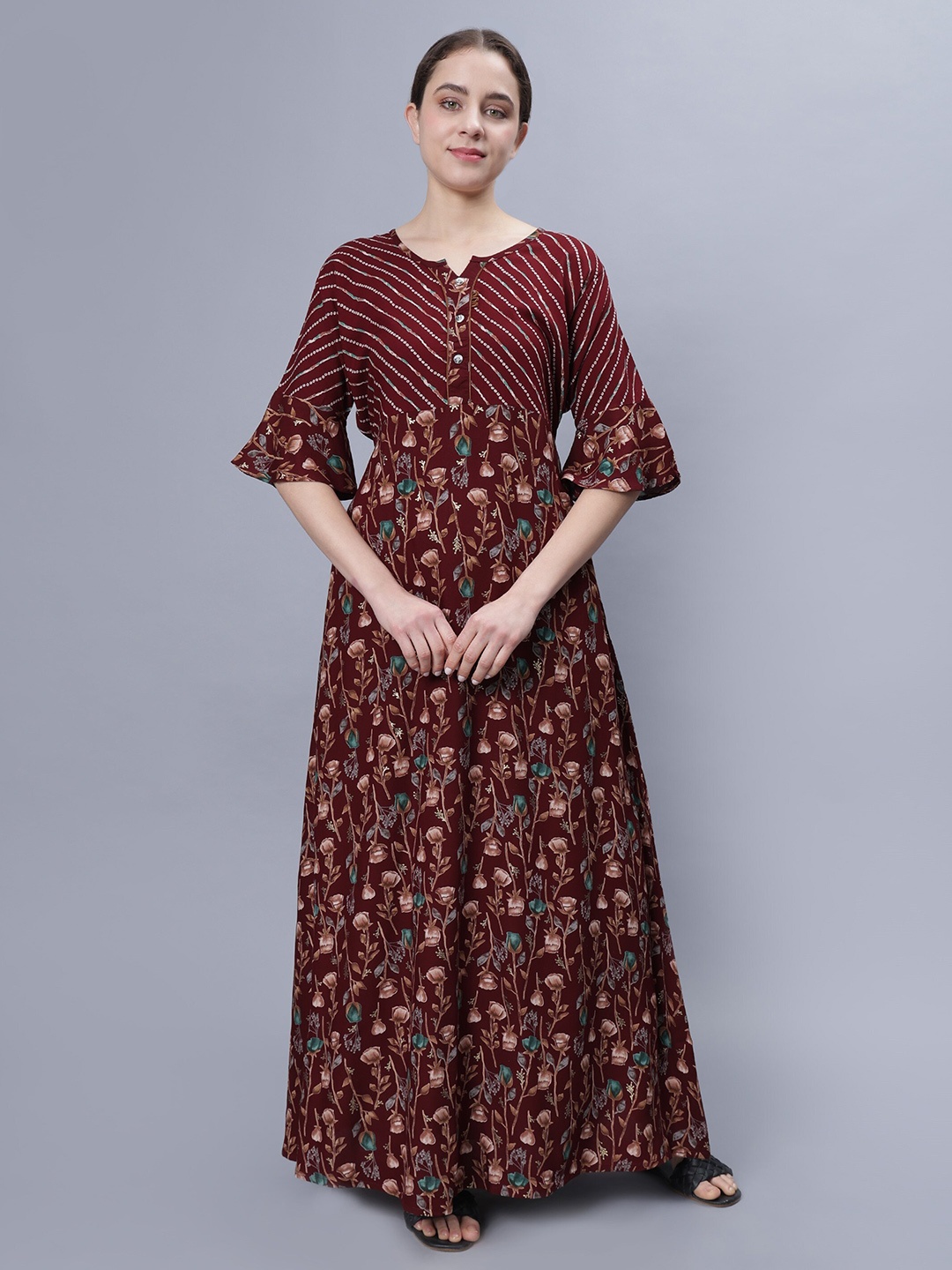 

NIGHTSPREE Floral Printed Pure Cotton Maxi Nightdress, Maroon