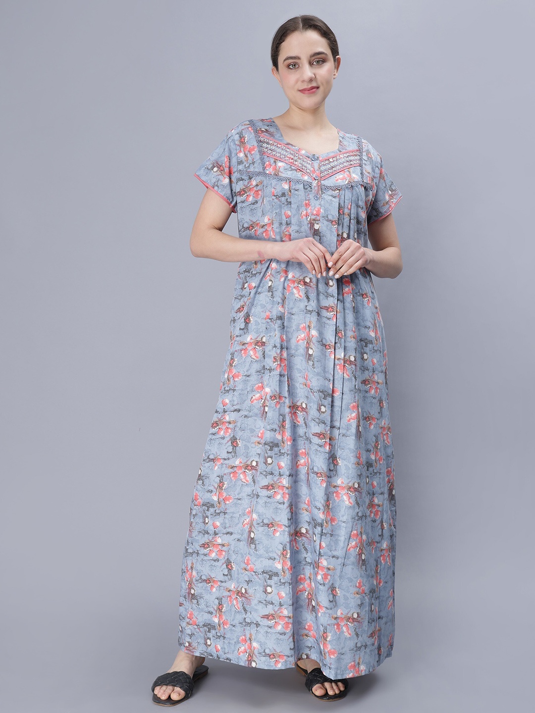 

NIGHTSPREE Floral Printed Pure Cotton Maxi Nightdress, Blue