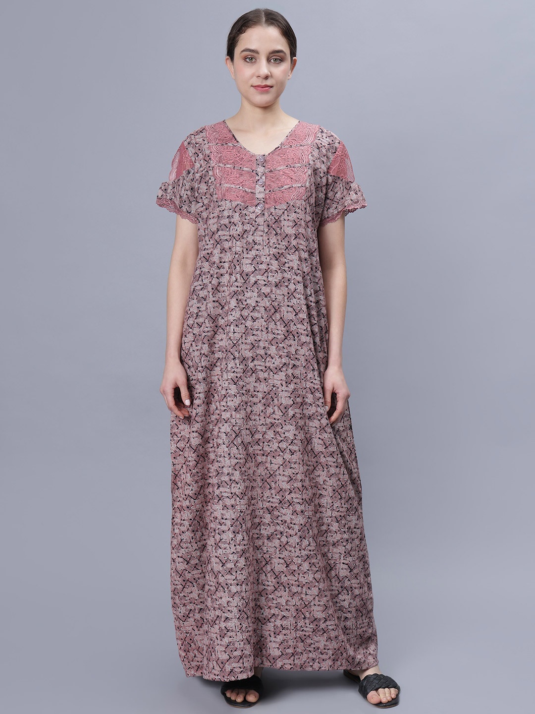

NIGHTSPREE Geometric Printed V-Neck Pure Cotton Maxi Nightdress, Red