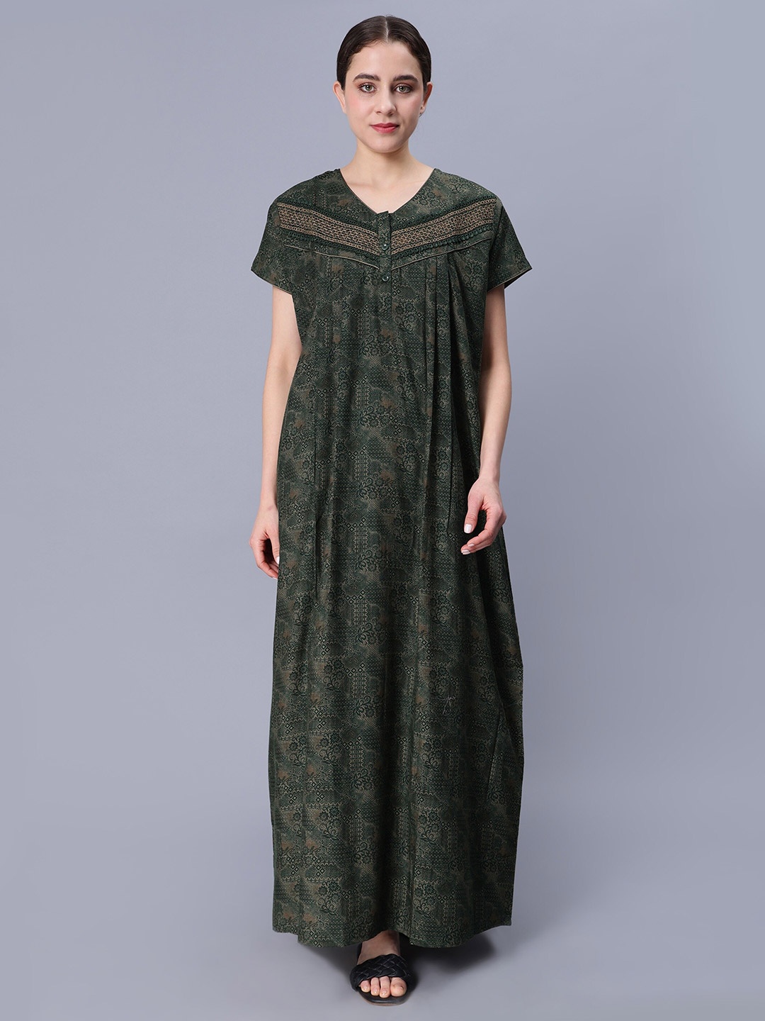 

NIGHTSPREE Floral Printed Printed Pure Cotton Maxi Nightdress, Green