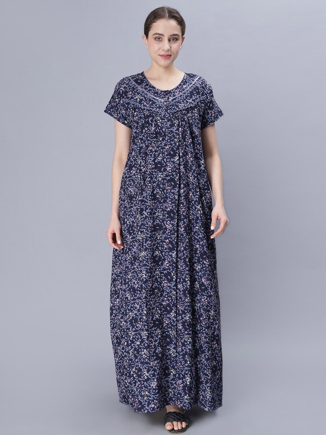 

NIGHTSPREE Abstract Printed Pure Cotton Maxi Nightdress, Navy blue