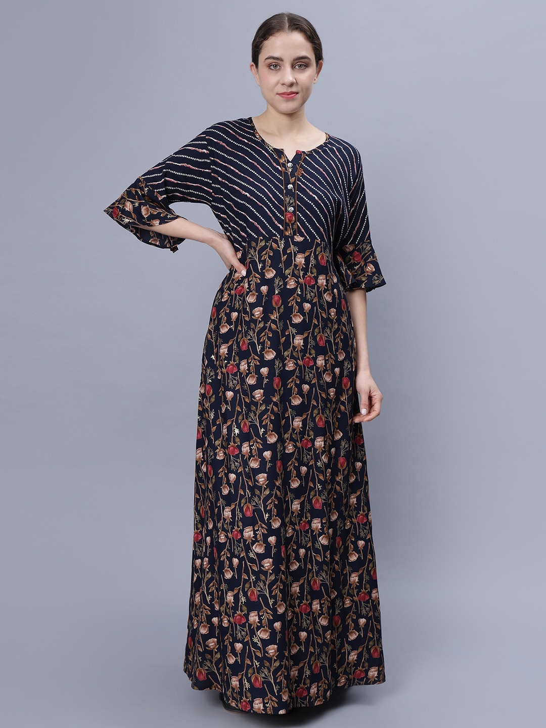

NIGHTSPREE Floral Printed Printed Pure Cotton Maxi Nightdress, Navy blue