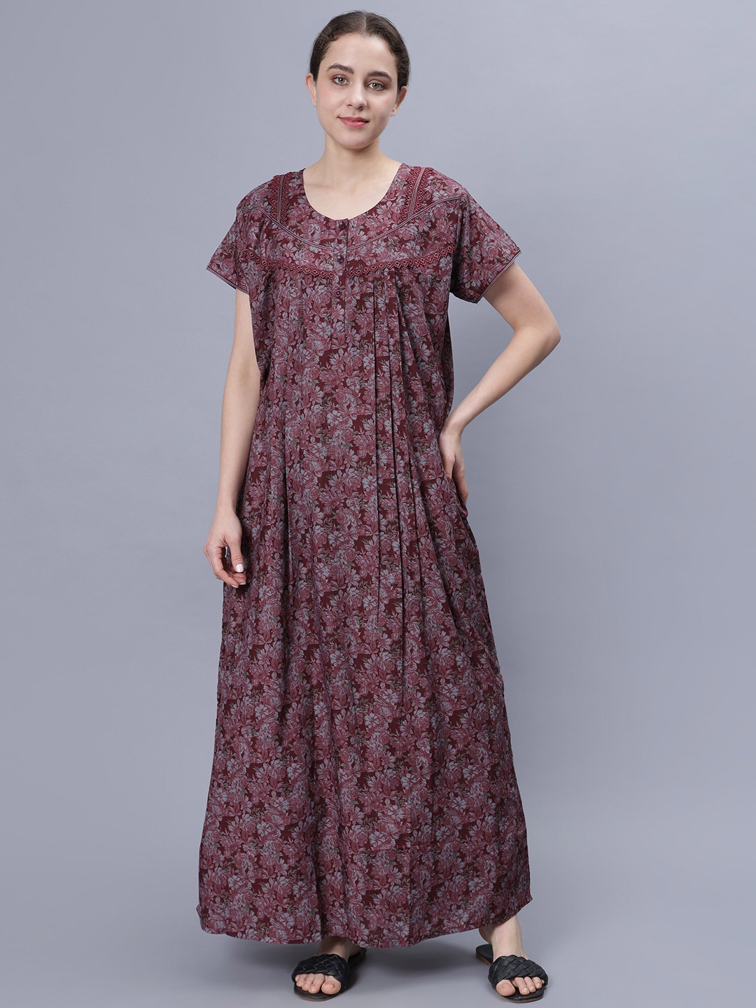 

NIGHTSPREE Floral Printed Pure Cotton Maxi Nightdress, Maroon
