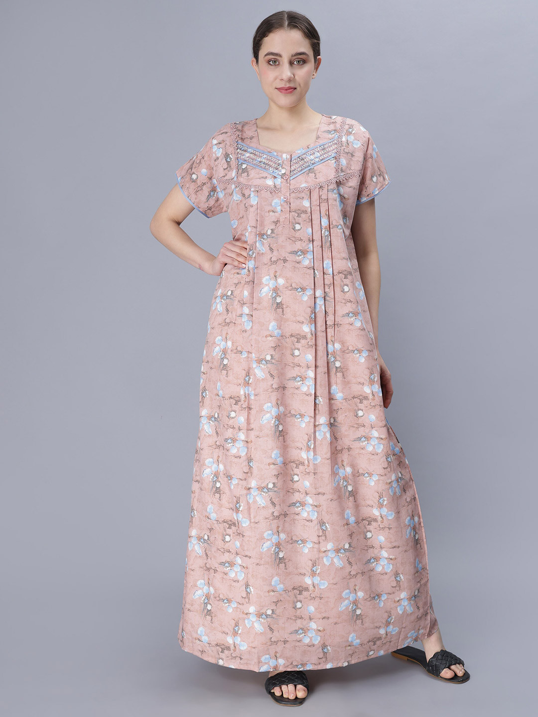 

NIGHTSPREE Floral Printed Pure Cotton Maxi Nightdress, Peach