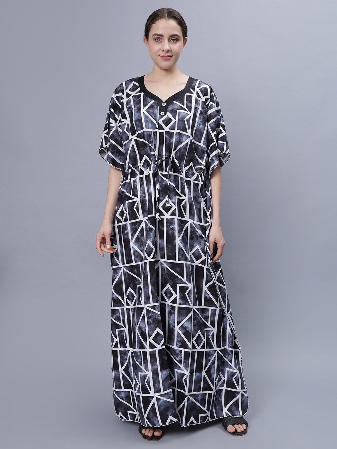 

NIGHTSPREE Geometric Printed Maxi Kaftan Nightdress, Black
