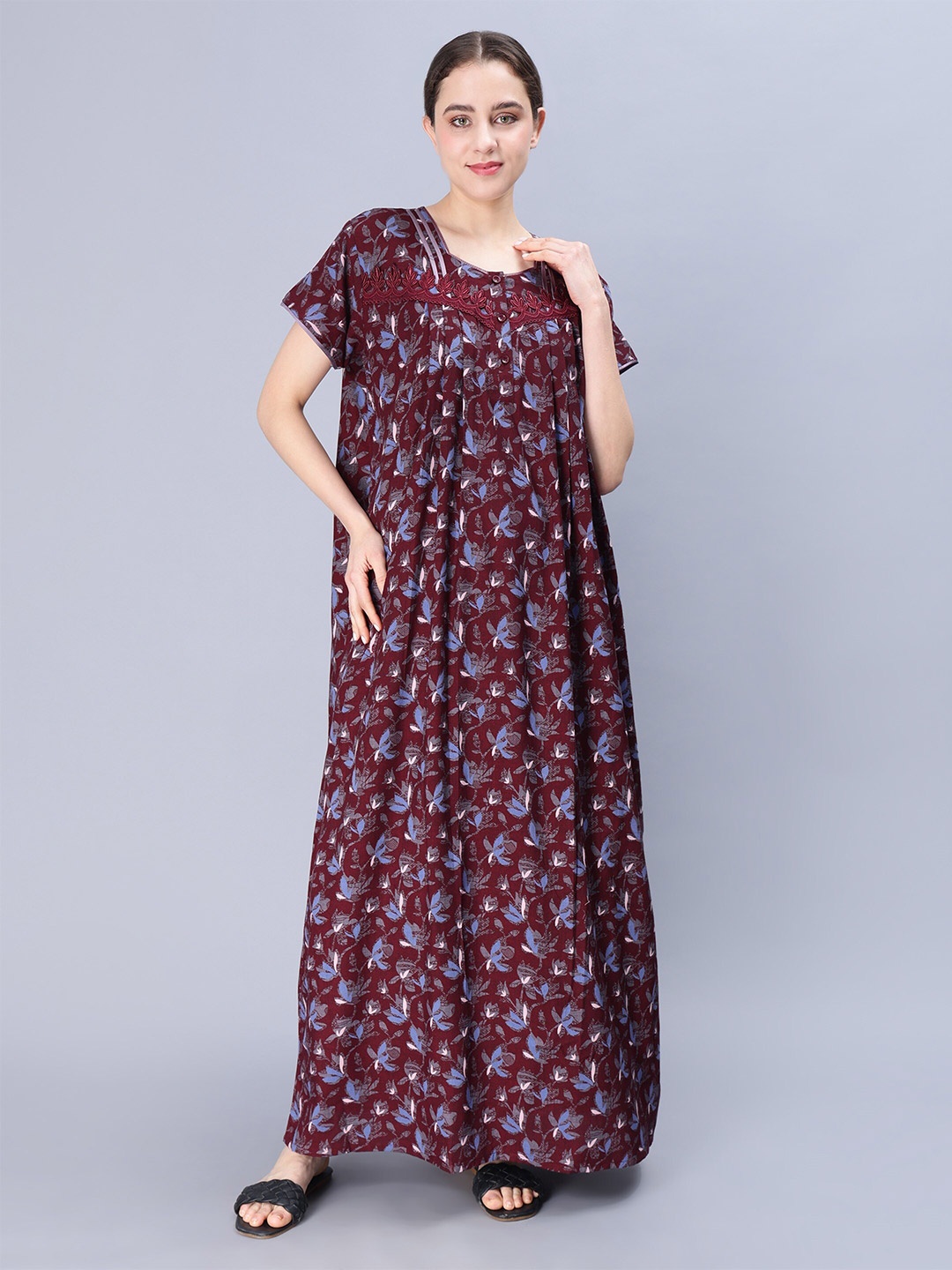 

NIGHTSPREE Floral Printed Pure Cotton Maxi Kaftan Nightdress, Maroon