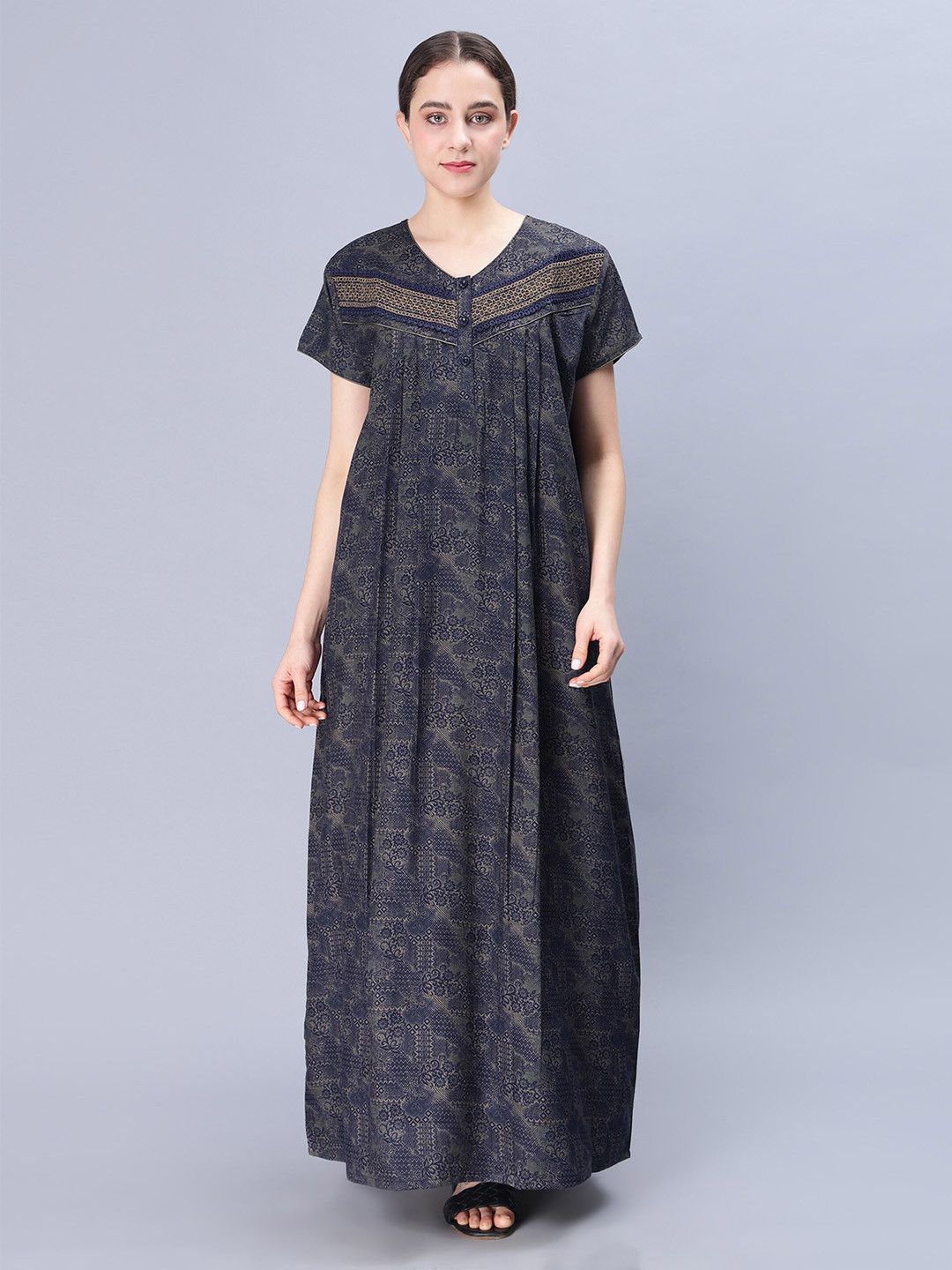 

NIGHTSPREE Floral Printed V-Neck Pure Cotton Maxi Nightdress, Blue
