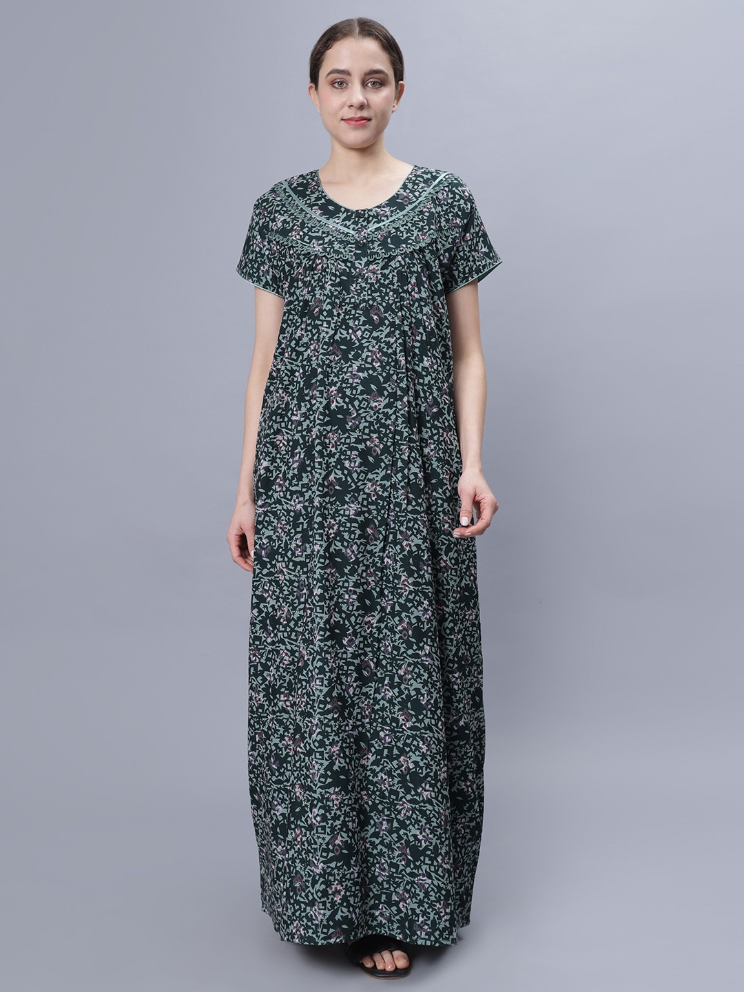 

NIGHTSPREE Floral Printed Pure Cotton Maxi Nightdress, Green