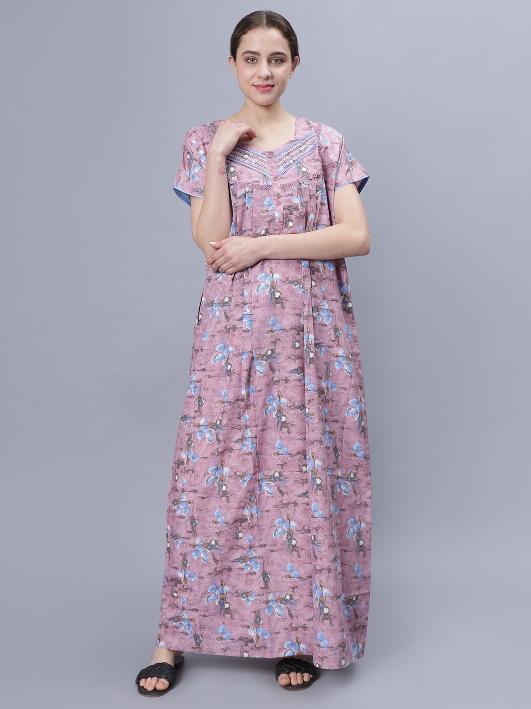 

NIGHTSPREE Floral Printed Maxi Pure Cotton Kaftan Nightdress, Pink