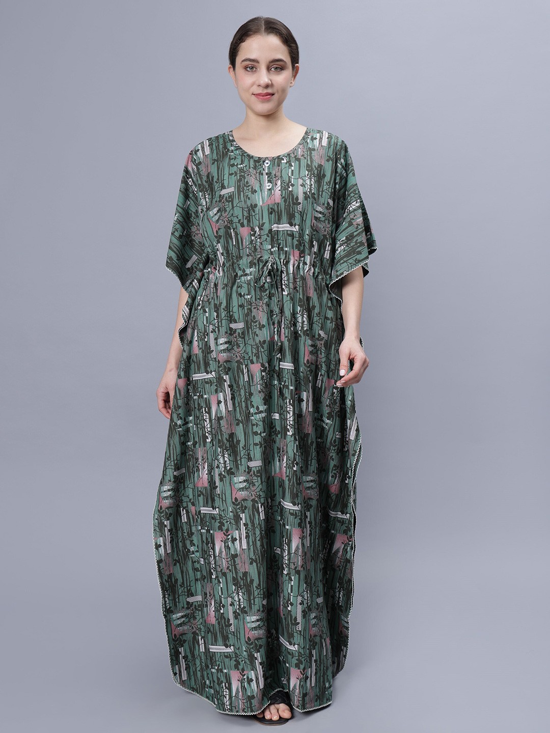 

NIGHTSPREE Abstract Printed Printed Kaftan Nightdress, Green