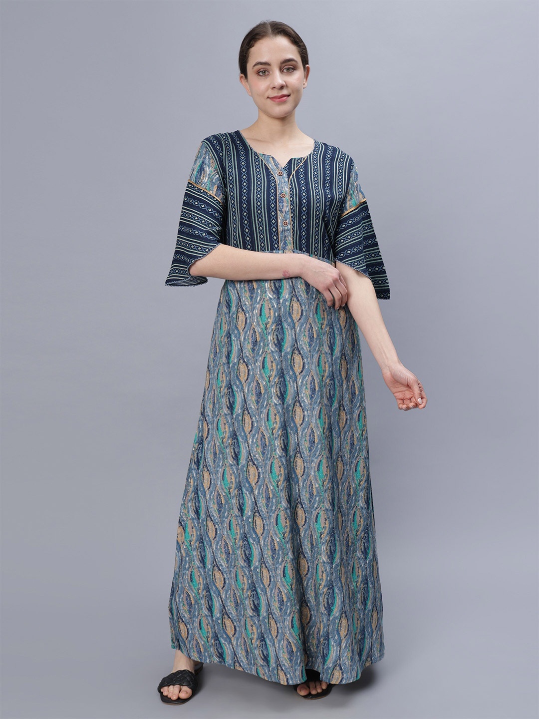 

NIGHTSPREE Abstract Printed Maxi Nightdress, Blue
