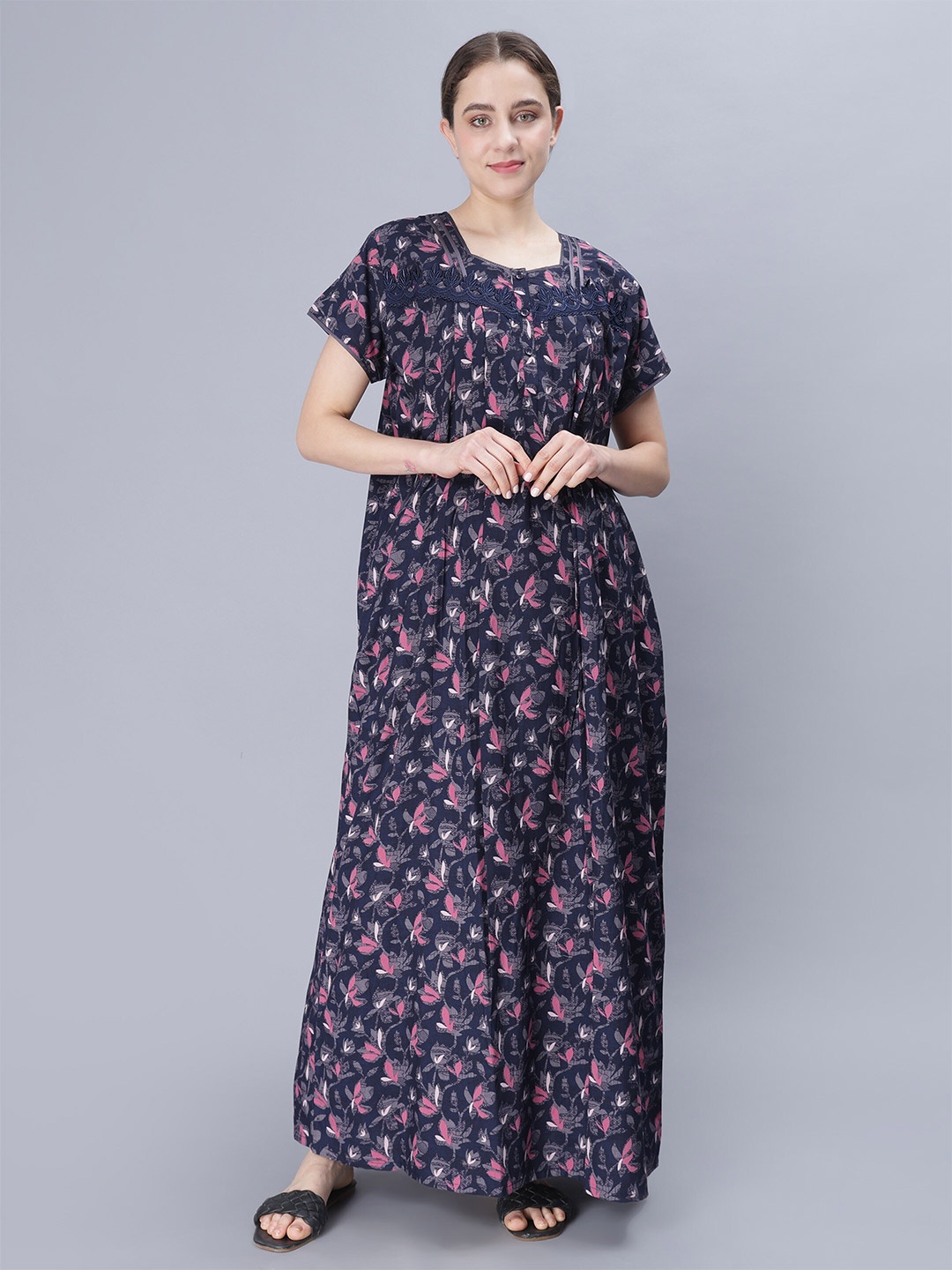 

NIGHTSPREE Floral Printed Pure Cotton Maxi Nightdress, Navy blue
